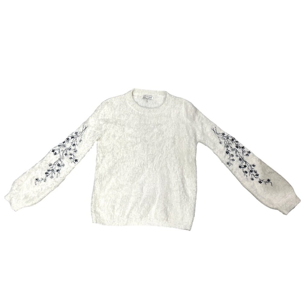 Woven Heart Large Ivory Fuzzy Floral Embroidered Sweater Cottagecore Cozy Chicly - Picture 10 of 11